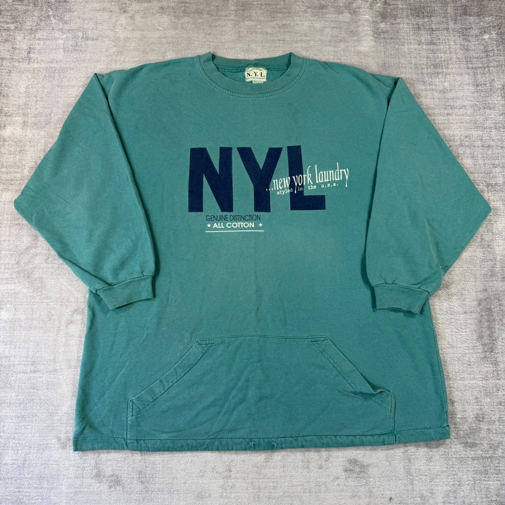 Vtg New York Laundry Sweatshirt Mens Large Teal 90s Graphic Kangaroo Pocket